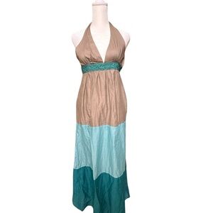 BCBG Paris 100% Cotton Halter Maxi Dress – Colorblock Teal & Taupe, Size 4